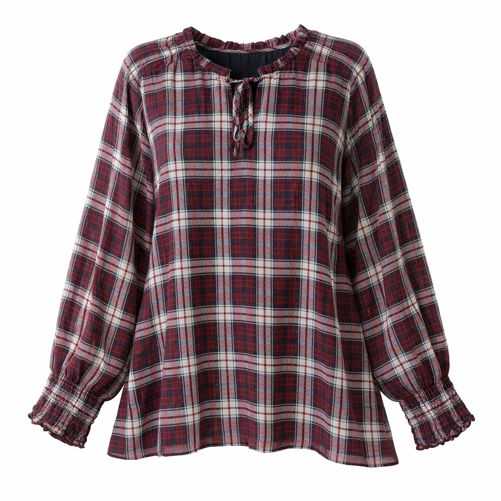 Talbots Plaid Dark Red Blouse Tie Neck‎ Long Sleeve Smocked Cuffs Womens Plus 3X